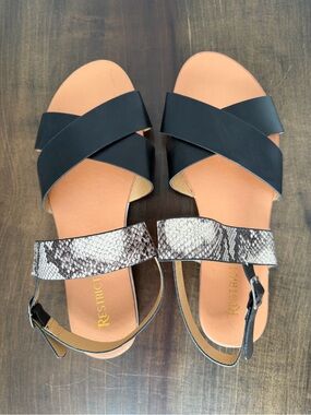 Black & Snake-Print Cross Strap Sandals
